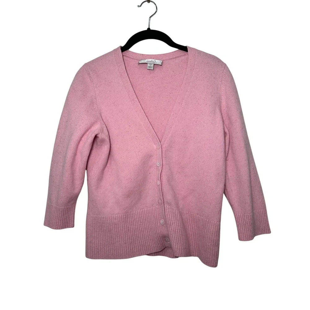 Caslon Pink 100% Cashmere V-Neck Button Front Cardigan‎ Sweater Petite L